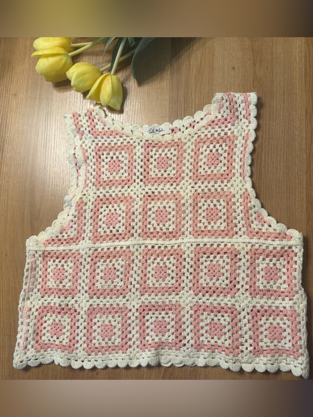 Crochet Tank Top - Pink and Cream Retro Squares from Paris